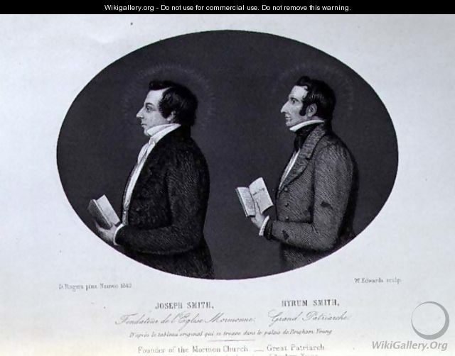 Portrait of Joseph 1805-44 and Hyrum d.1844 Smith, Founder and Great Patriarch of the Mormon Church, engraved by W. Edwards after the painting in Nauvoo, book illustration from A Journey to Great Salt Lake City, Vol II, pub. c.1861 - (after) Rogers, D.