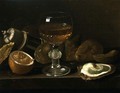 An Overturned Salt and a Wine Glass on a Ledge with Oysters and Lemons - Pieter Gerritsz. van Roestraten