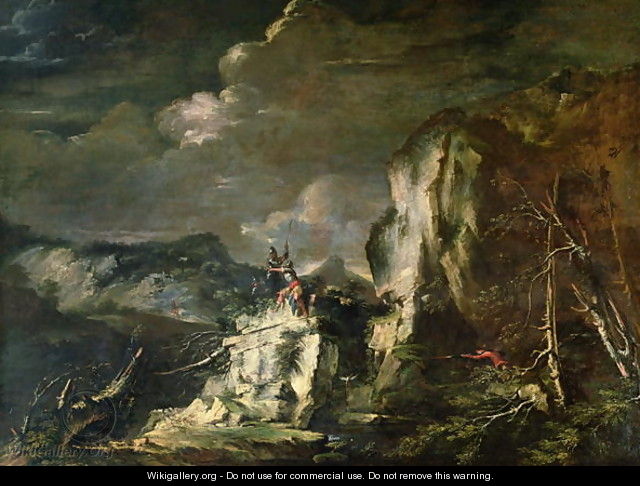 Rocky Landscape with a Huntsman and Warriors - Salvator Rosa