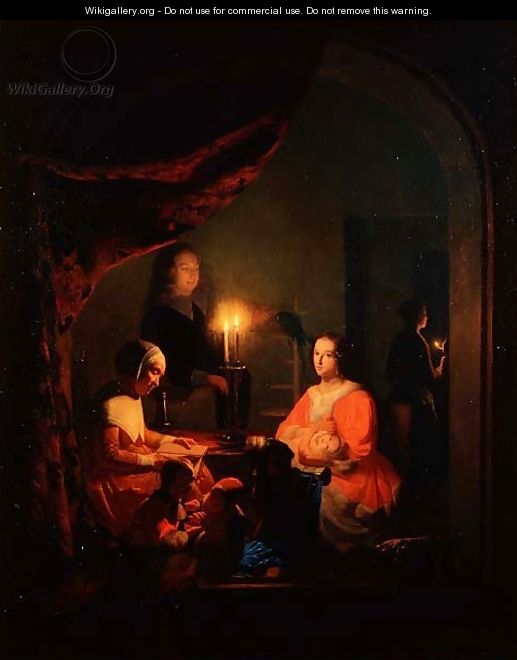 A Family in a Candlelit Interior, 1852 - Johannes Rosiere