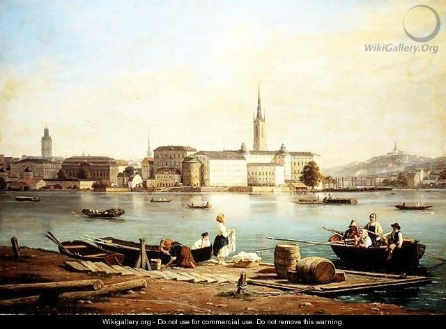 A view of Riddarholmen on Lake Malaven with the Ridarhuset and the Riddarholms church beyond, Stockholm - Martinus Rorbye