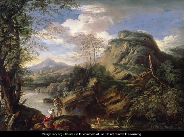 Mountain Landscape with Figures and a Man Bathing - Salvator Rosa