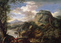 Mountain Landscape with Figures and a Man Bathing - Salvator Rosa