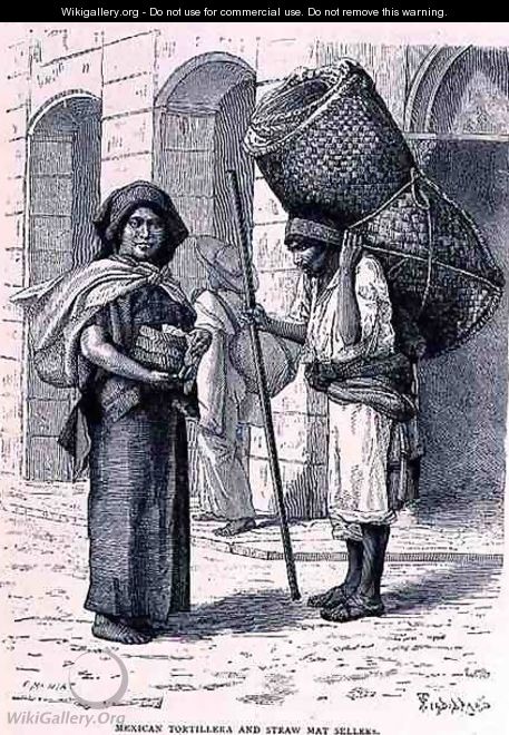 Mexican Tortillera and Straw Mat Seller, from The Ancient Cities of the New World, by Claude-Joseph-Desire Charnay, pub. 1887 - (after) Ronjat, Etienne