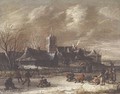 Town in Winter with figures skating - Salomon Rombouts