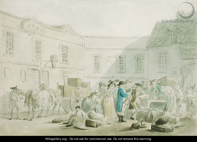 The Customs House at Boulogne - verso Graphite Sketch of Horses, Carriages and Buildings - Thomas Rowlandson
