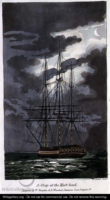 Asleep at the Mast-Head, plate from The Adventures of Johnny Newcome in the Navy by John Mitford 1782-1831 engraved by W. Read, 1818 - (after) Rowlandson, Thomas
