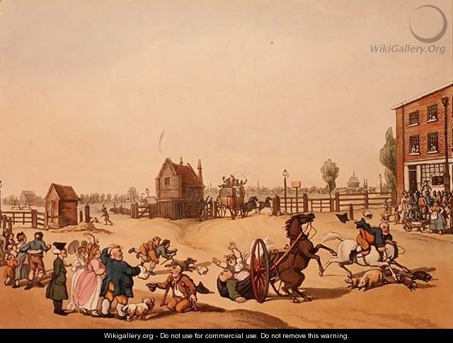 Entrance from Hackney or Cambridge Heath Turnpike with a Distant View of St Pauls, engraved by Schutz - (after) Rowlandson, Thomas