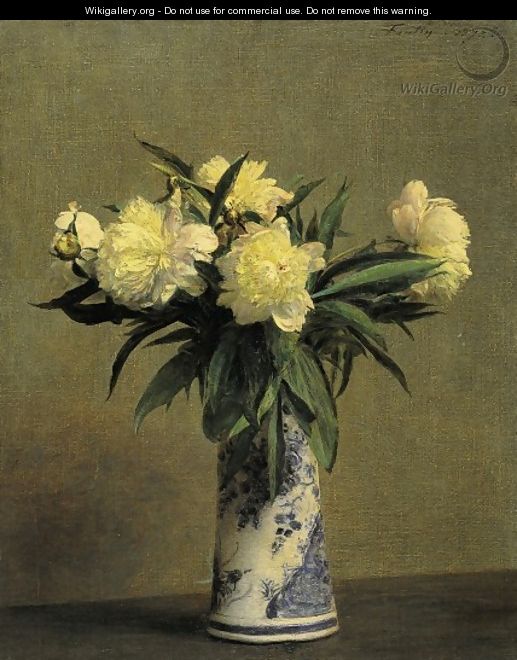 Peonies in a Blue and White Vase - Ignace Henri Jean Fantin-Latour