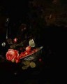 Still Life of Wild Strawberries a Rose and a Glass Bottle 1690 - Jan Mortel