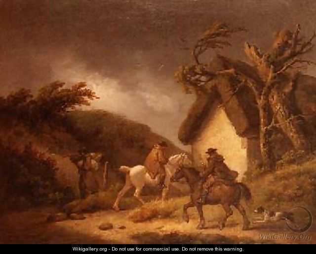 A stormy wooded landscape with travellers - George Morland