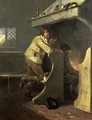 A man smoking a pipe by an inn fire - George Morland