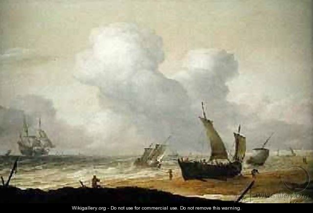 Coastal scene with fishing pinks inshore and a Man OWar offshore - Pieter the Younger Mulier (Tampesta, Pietro)