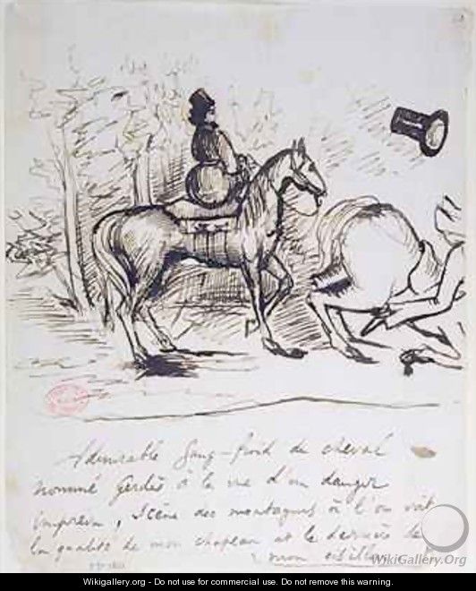 George Sands horse displaying sangfroid behind the stumbling horse of Alfred de Musset 1810-57 - Alfred de Musset