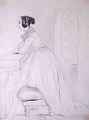 George Sand 1804-76 kneeling on a pouffe and with her elbows on a balustrade 1833 - Alfred de Musset
