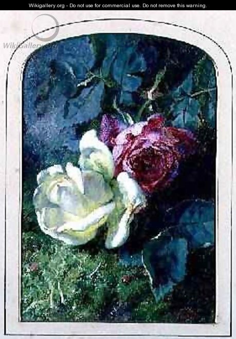 Roses and a ladybird on a mossy bank - Martha Darley Mutrie