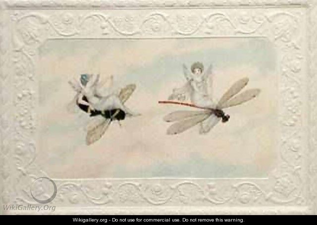 Two fairies flying through the air one seated on a bee and the other on a dragonfly 1817-29 - Amelia Jane Murray