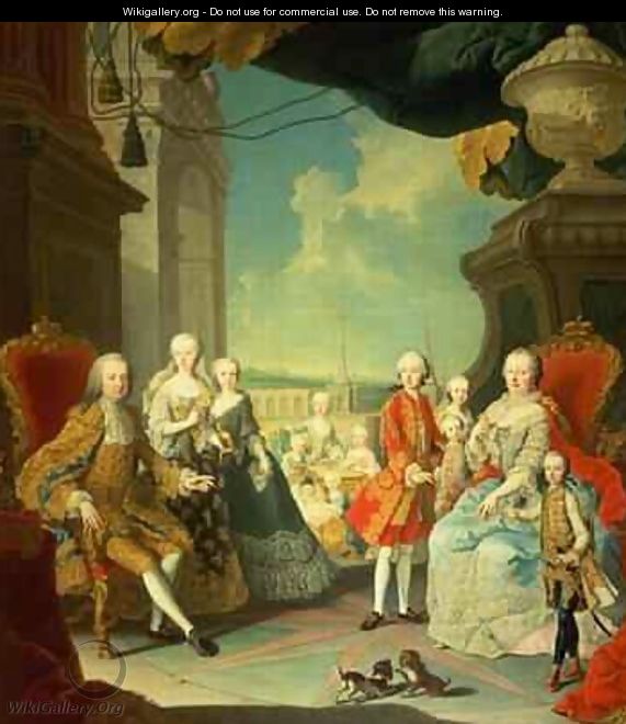 Maria Theresa and her Husband at the staircase leading from the Great Hall of Schloss Schonbrunn into the large courtyard - Martin II Mytens or Meytens
