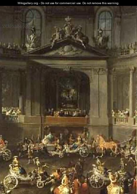 A Cavalcade in the Winter Riding School of the Vienna Hof to celebrate the defeat of the French Army at Prague showing the equestrian portrait of Emperor Charles VI 1743 - Martin II Mytens or Meytens