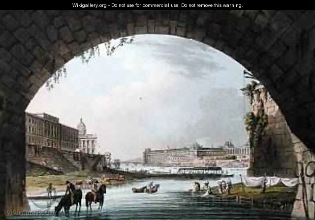 Panorama of the River Seine seen from beneath the Pont Neuf looking West towards the Louvre - John Claude Nattes