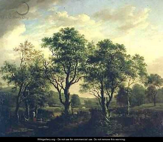 Wooded river landscape with figures and cattle - Alexander Nasmyth