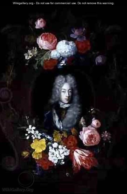 A Portrait of a Man surrounded by a Garland of Flowers 1696 - Constantijn and Heem, D.C.de Netscher