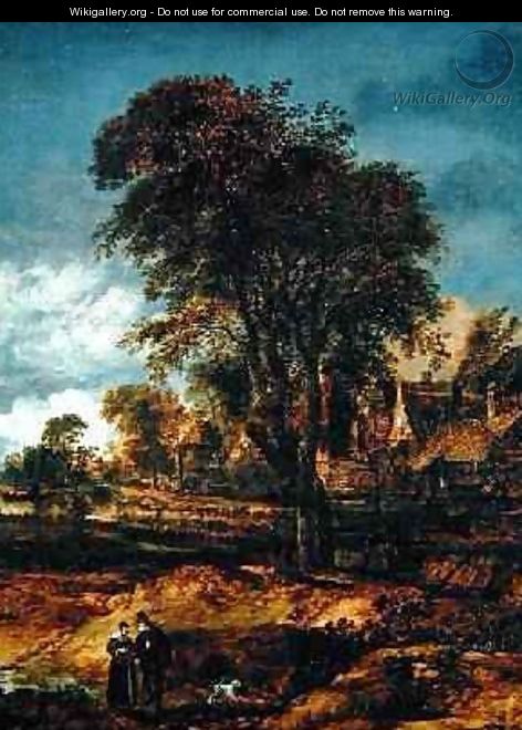 Moonlit wooded landscape with a couple conversing - Aert van der Neer