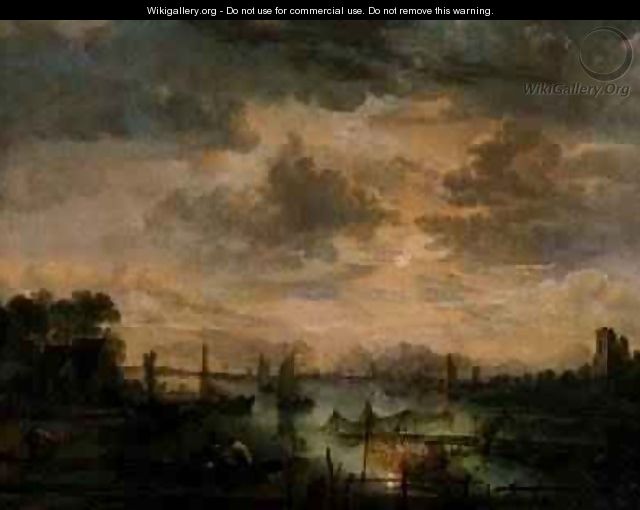 Moonlit scene with fishermen - Aert van der Neer