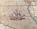 A sailing ship firing its cannon, detail from a map of the Pacific, China and America, 1599 - Abraham Ortelius