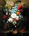 Carnations, Morning Glory, Roses, Auriculas, Hyacinth and Other Flowers with a Birds Nest on a Marble Ledge - Jan van Os