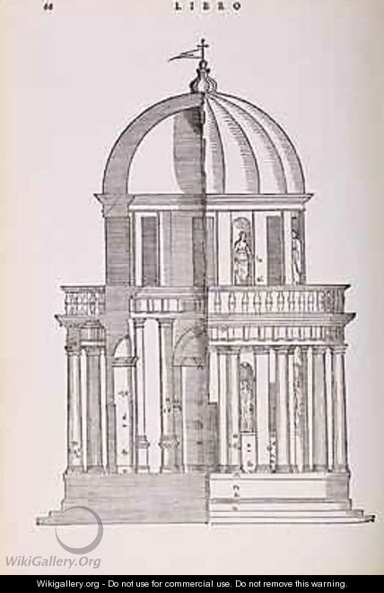 Elevation and Cross Section of the Temple of Jupiter Stator, illustration from a facsimile copy of I Quattro Libri dellArchitettura written by Palladio, originally published 1570 - (after) Palladio, Andrea