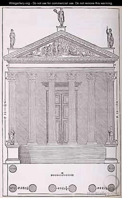 Elevation of the Temple of Castor and Pollux, illustration from a facsimile copy of I Quattro Libri dellArchitettura written by Palladio, originally published 1570 - (after) Palladio, Andrea