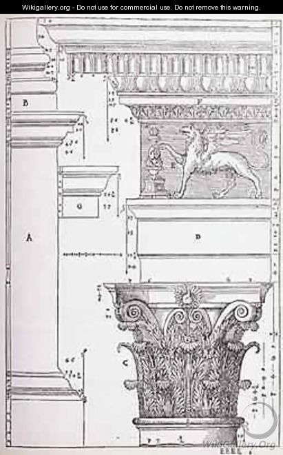 Decorative details from the Temple of Antoninus and Faustina, illustration from a facsimile copy of I Quattro Libri dellArchitettura written by Palladio, originally published 1570 - (after) Palladio, Andrea