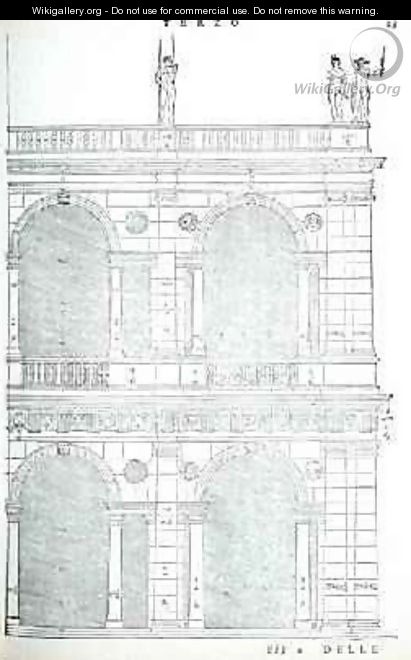 Elevation detail of the basilica in Vicenza, illustration from a facsimile copy of I Quattro Libri dellArchitettura written by Palladio, originally published 1570 - (after) Palladio, Andrea