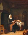 Lady seated in front of a fireplace with ham and bread on a table - Abraham de Pape
