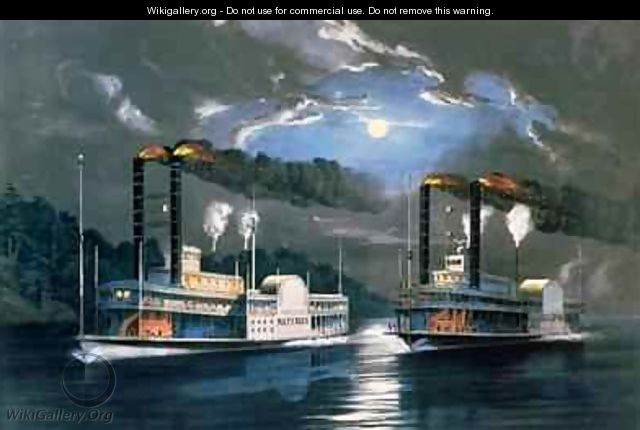 A Midnight Race on the Mississippi, after a drawing by H.D. Manning, pub. by Currier and Ives, New York, 1860 - Frances Flora Bond (Fanny) Palmer