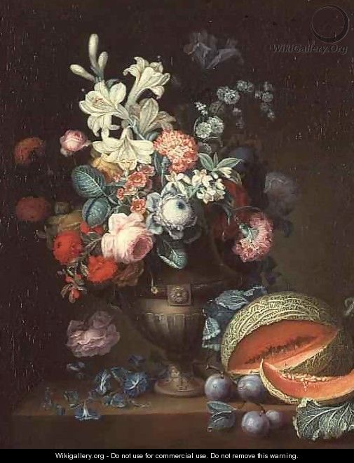 Still life of flowers in a classical vase with a cut melon, 1768 - Philippe Parpette