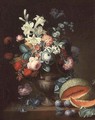 Still life of flowers in a classical vase with a cut melon, 1768 - Philippe Parpette