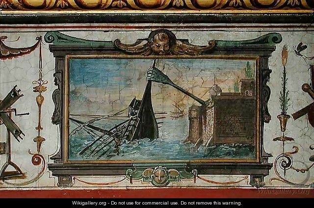 An device that allowed Archimedes (c.287-12 BC) to drag a ship ashore, Stanza della Mattematica, 1587-1609 - Giulio Parigi