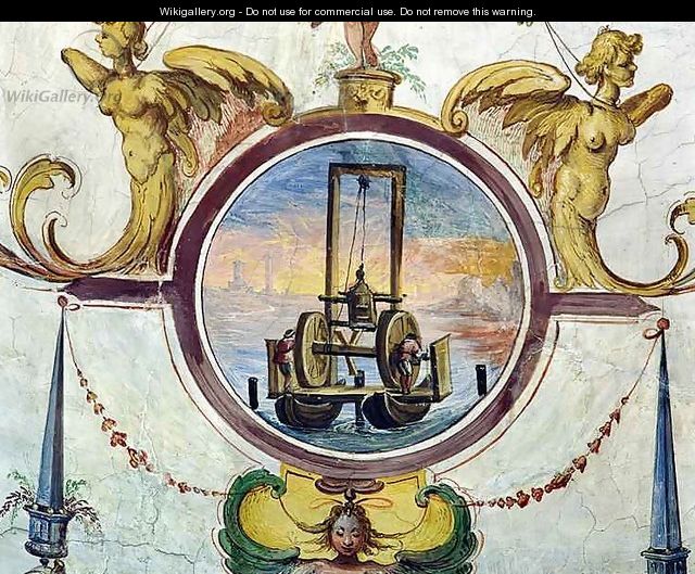 Large pontoon with a device to thrust stakes into the sea-bed, Stanza della Mattematica, 1587-1609 - Giulio Parigi