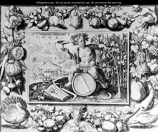 Bacchus and an allegory of Autumn, engraved by Crispin de Passe I c.1565-1637 - Crispijn van de Passe