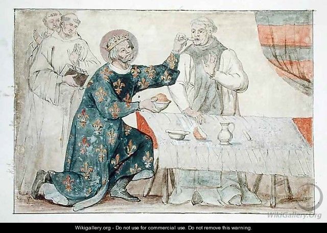 Ms 1779 fol.81 St. Louis feeding a miserly monk, from Memoires pour la Vie de Saint Louis - Nicolas Claude Fabri de Peiresc