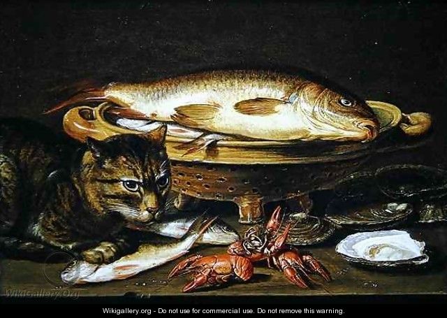 A still life with carp in a ceramic colander, oysters, crayfish, roach and a cat on the ledge beneath - Clara Peeters