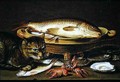 A still life with carp in a ceramic colander, oysters, crayfish, roach and a cat on the ledge beneath - Clara Peeters