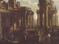 A capriccio of classical ruins with a warrior, a satyr and Cupid chasing a nymph - Jan Peeters