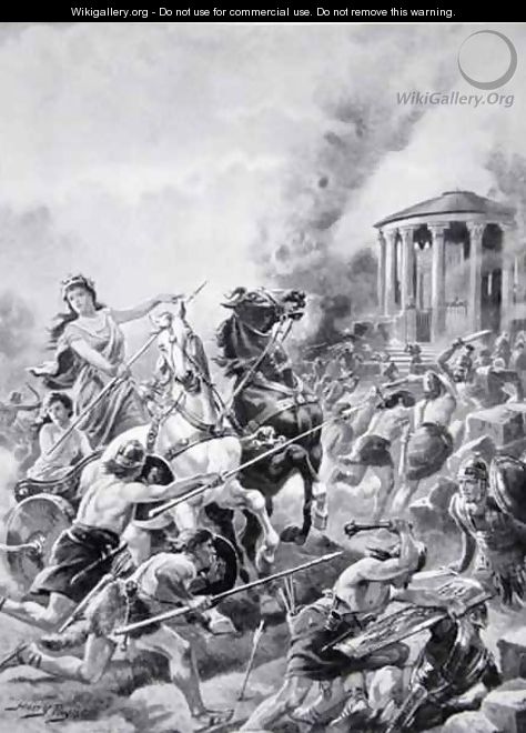 Boadiceas attack upon Camulodunum, 60AD, illustration from The History of the Nation - Henry A. (Harry) Payne