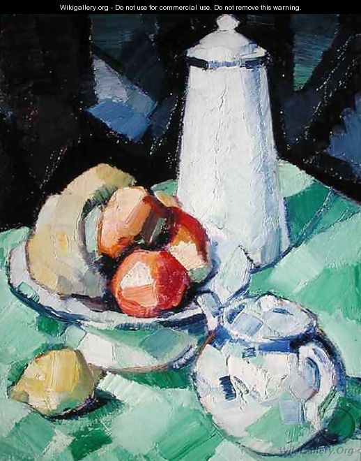 Still Life with Teapot and Fruit on a green Tablecloth, c.1913 - Samuel John Peploe