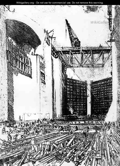 Laying the Floor: Pedro Miguel Lock, plate XVIII from The Panama Canal by Joseph Pennell, February 14 1912 - Joseph Pennell
