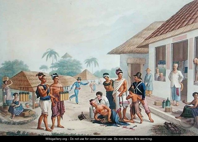 View of the Bazaar at Coupang, Timor, from Voyage Autour du Monde sur les Corvettes de LUranie 1817-20 engraved by Pomel, published 1825 - (after) Pellion, Alphonse