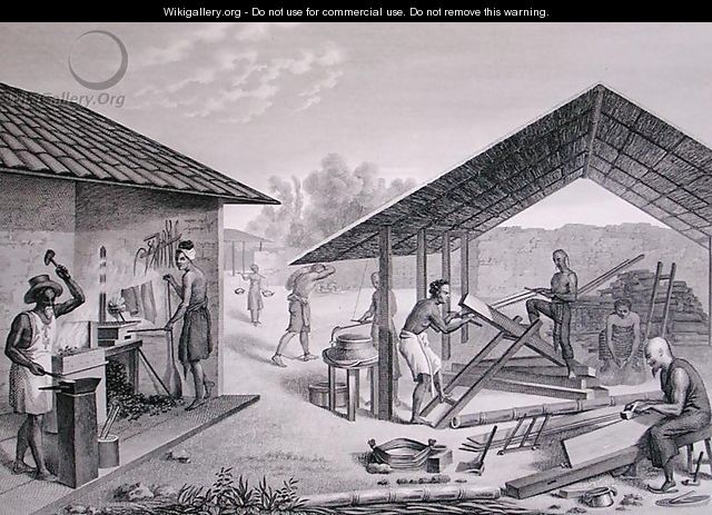 Diverse Mechanical Work, Coupang, Timor, from Voyage Autour du Monde sur les Corvettes de LUranie 1817-20 engraved by Schroeder, published 1825 - (after) Pellion, Alphonse